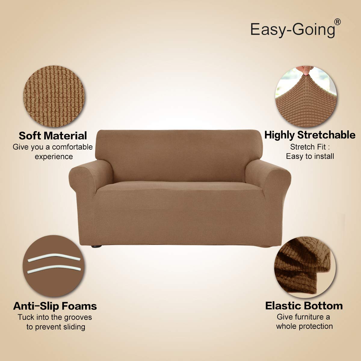 Easy-Going slipcover on couch camel view demonstrates quick, one-piece coverage.