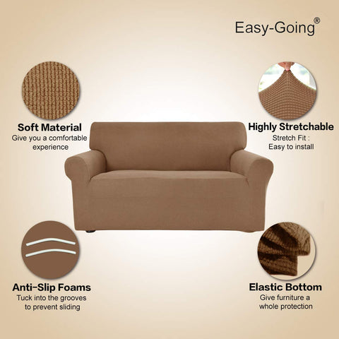 Easy-Going slipcover on couch camel view demonstrates quick, one-piece coverage.