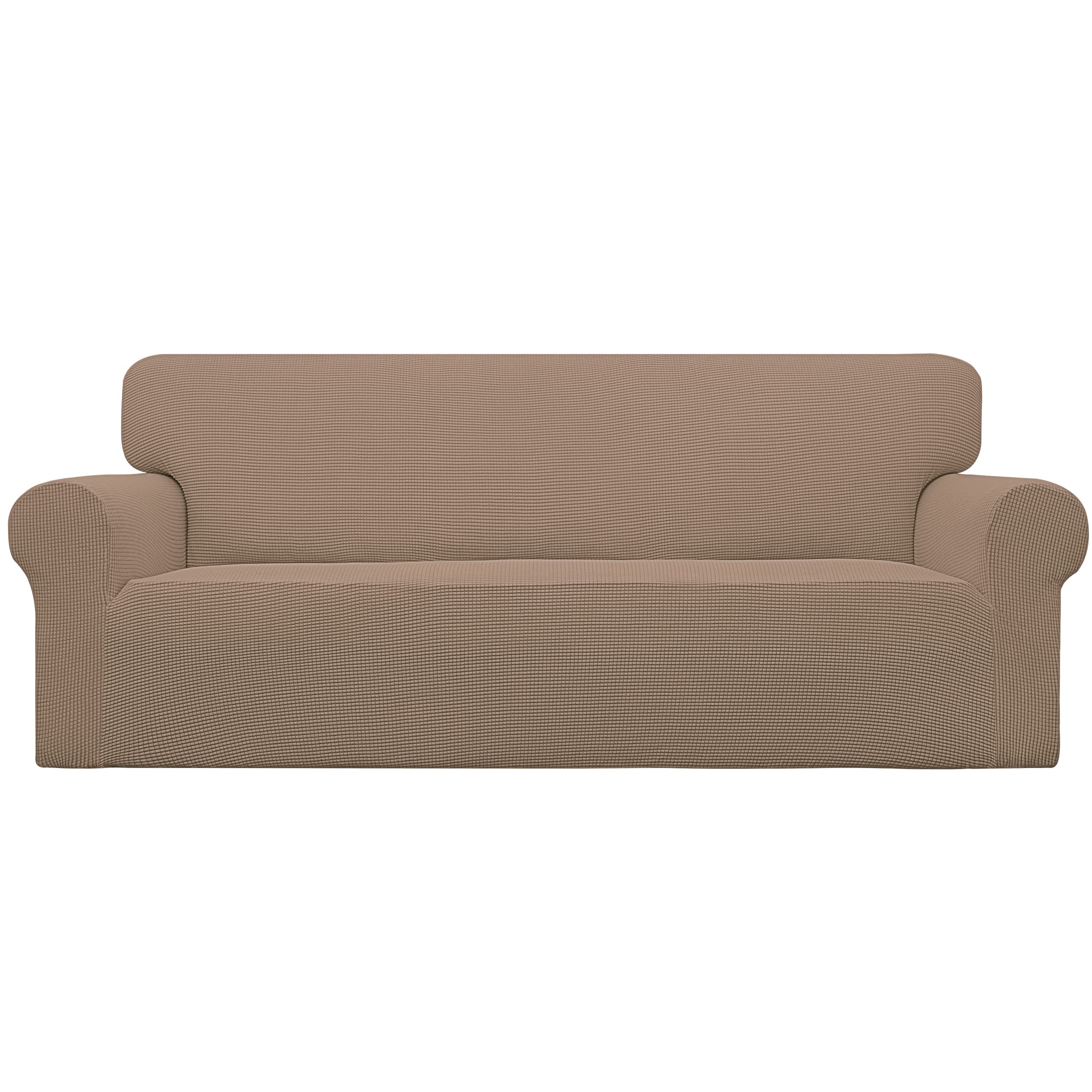 Easy-Going stretch sofa slipcover on camel oversized sofa showing snug fit and color