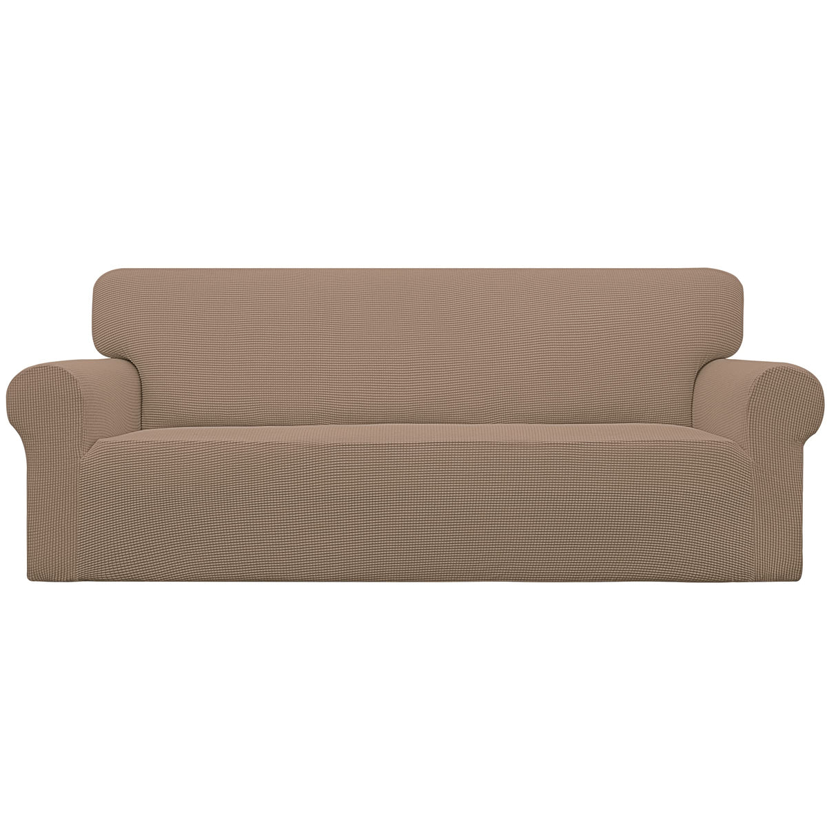 Easy-Going stretch sofa slipcover on camel oversized sofa showing snug fit and color