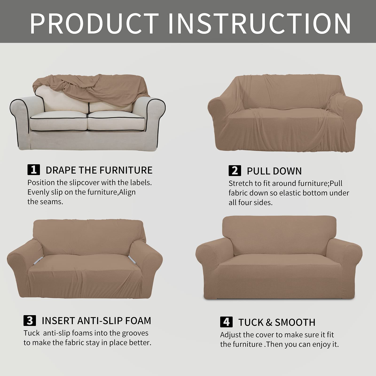 Packaging box shows Easy-Going slipcover color options and simple unboxing.