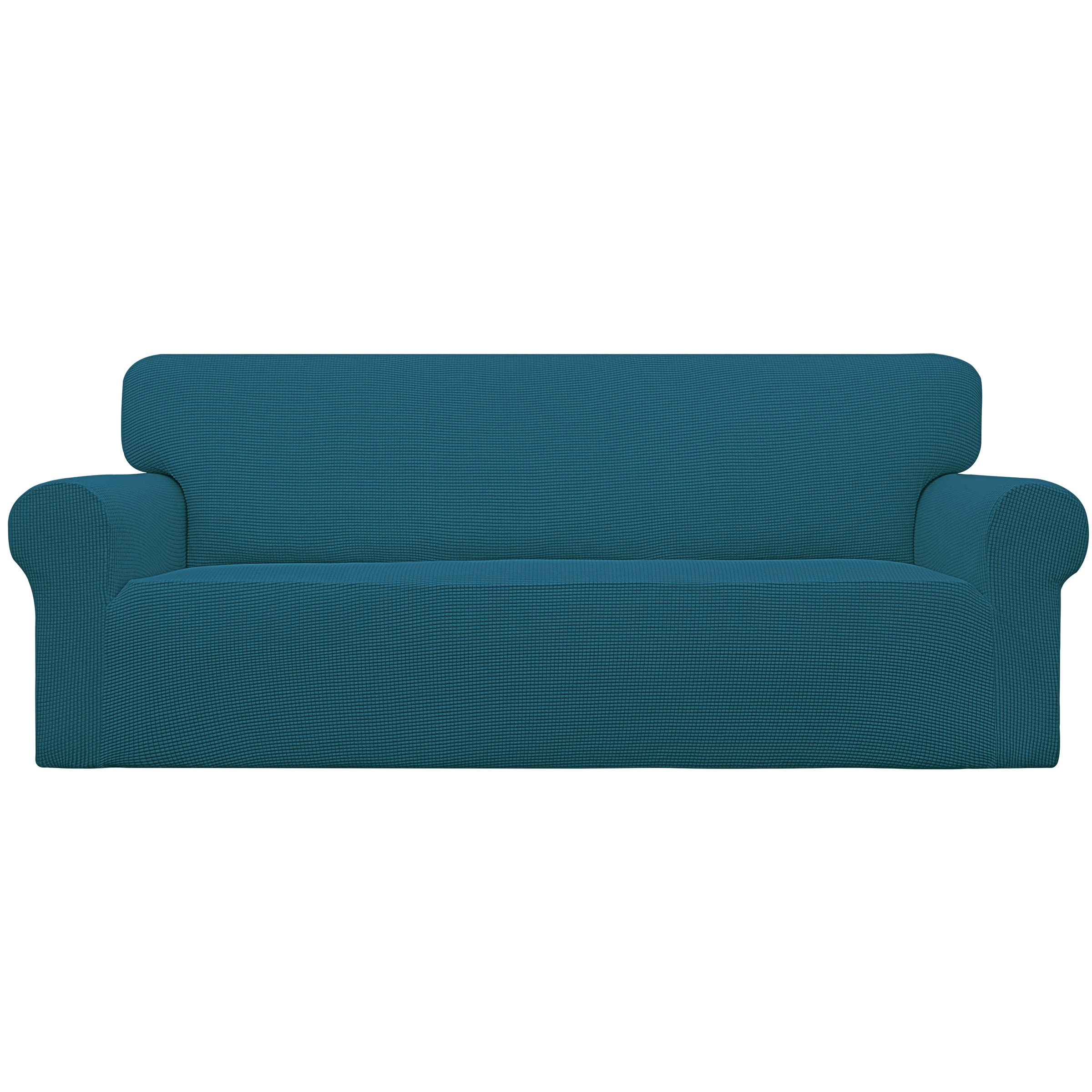 Easy-Going stretch sofa slipcover in peacock blue front view protects upholstery and updates style.