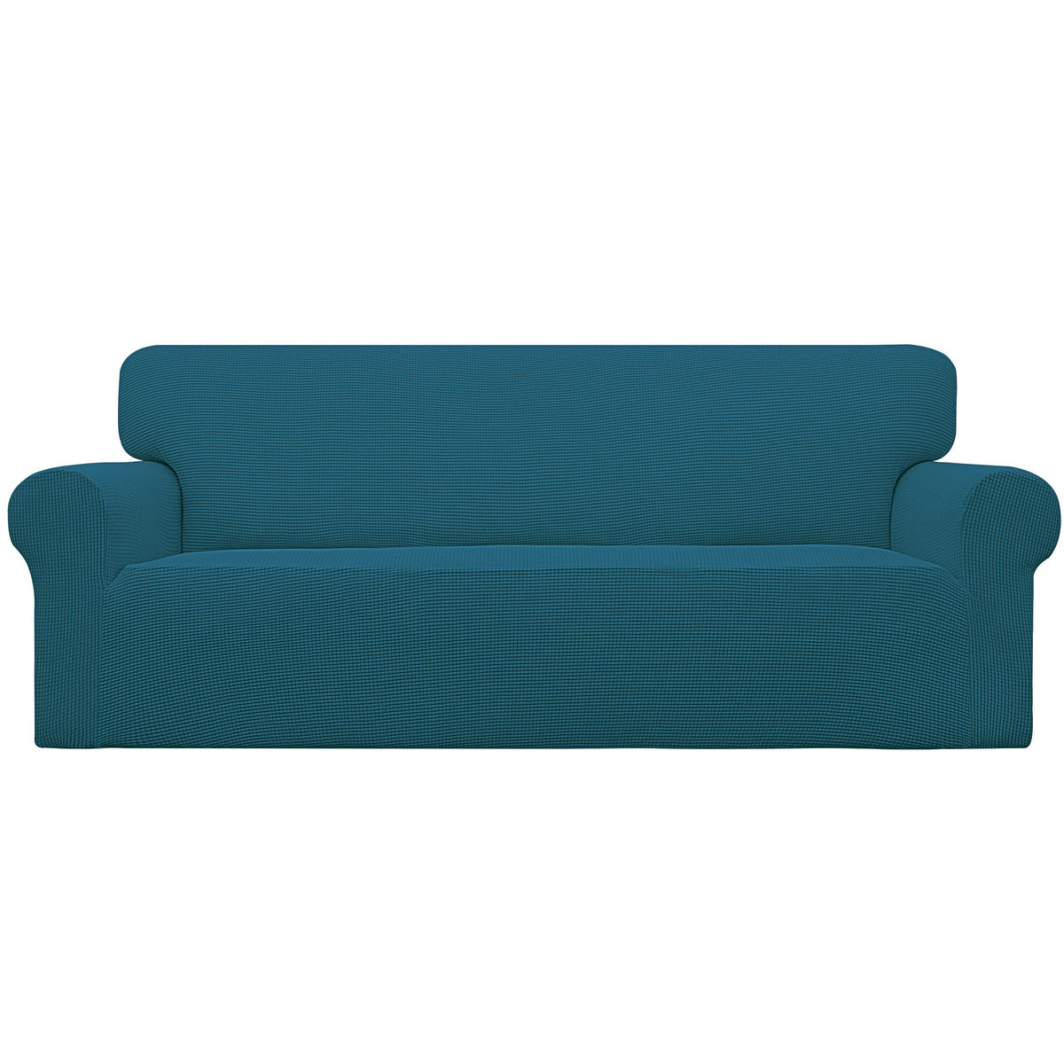 Easy-Going stretch sofa slipcover in peacock blue front view protects upholstery and updates style.