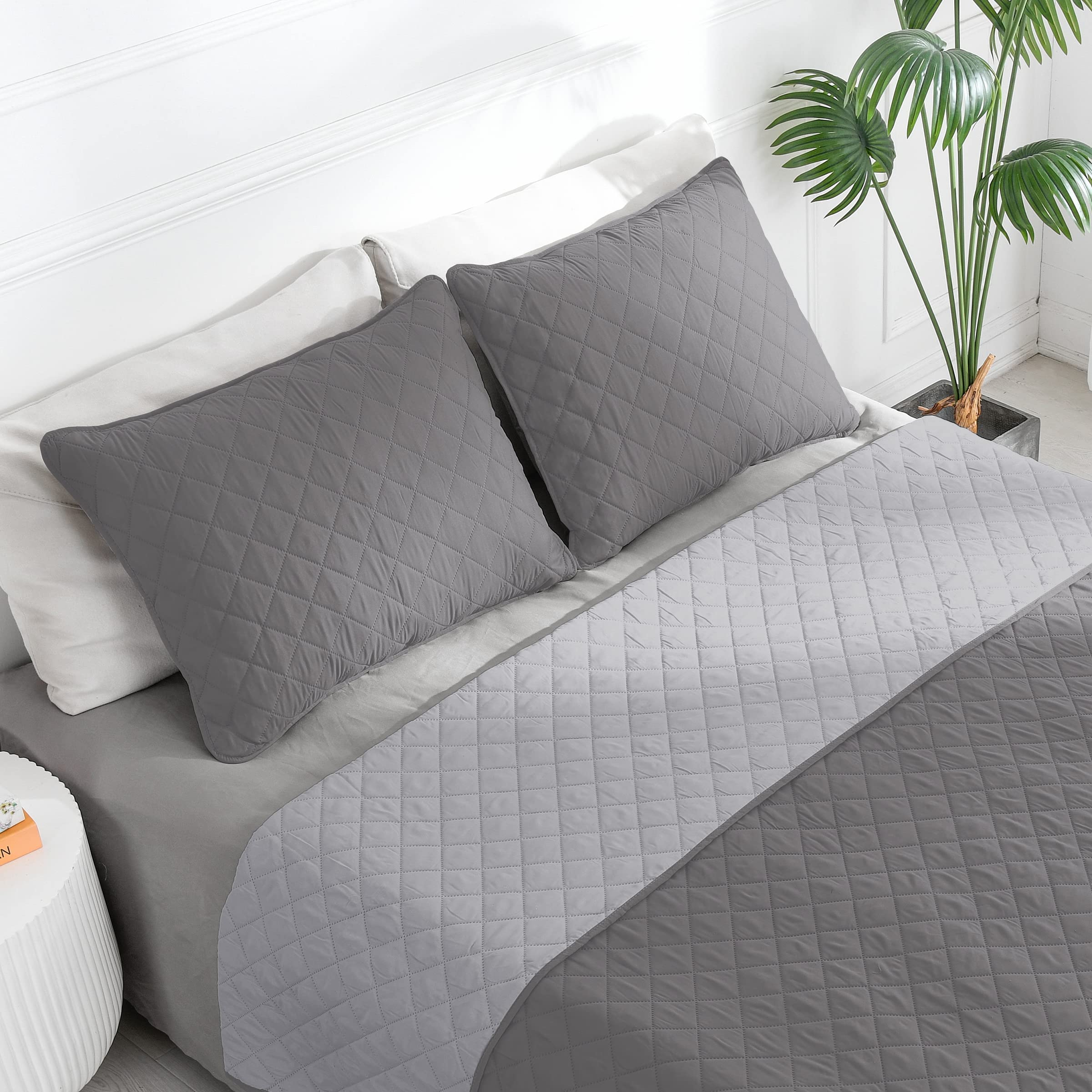Easy-Going pillow shams on twin set with secure closure and coordinated gray tones