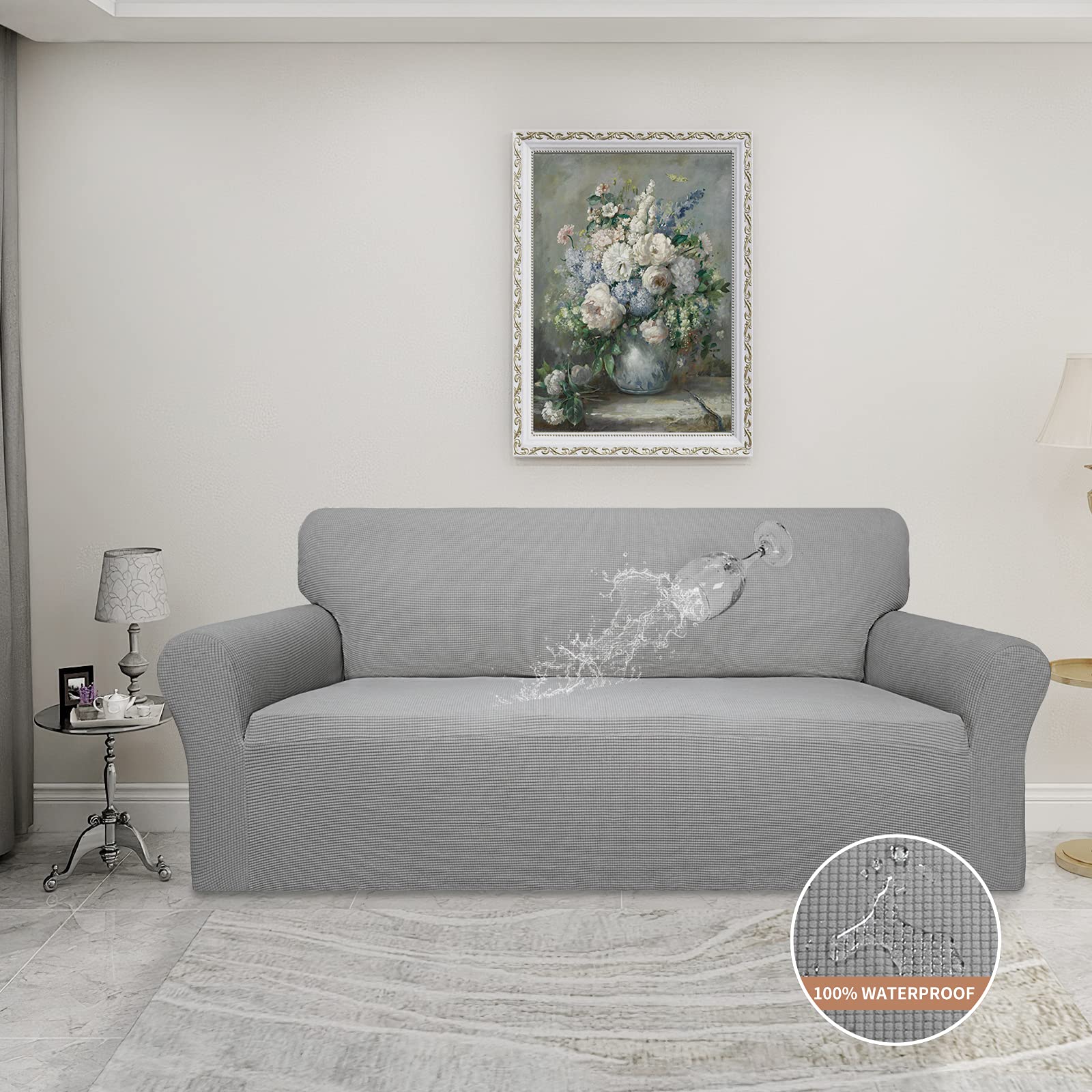 Easy-Going waterproof sofa cover side view shows snug stretch fit for sofas