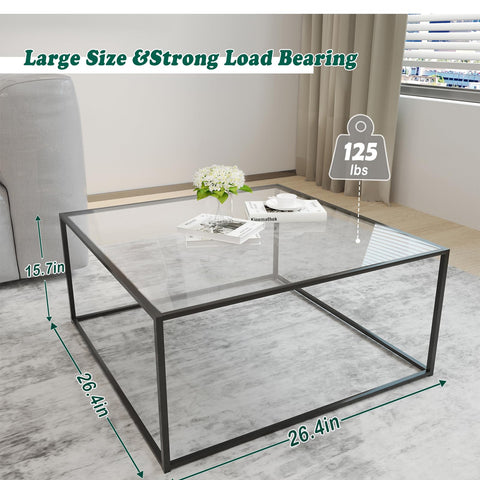 Easy Paws glass coffee table with black square frame adds sturdy style