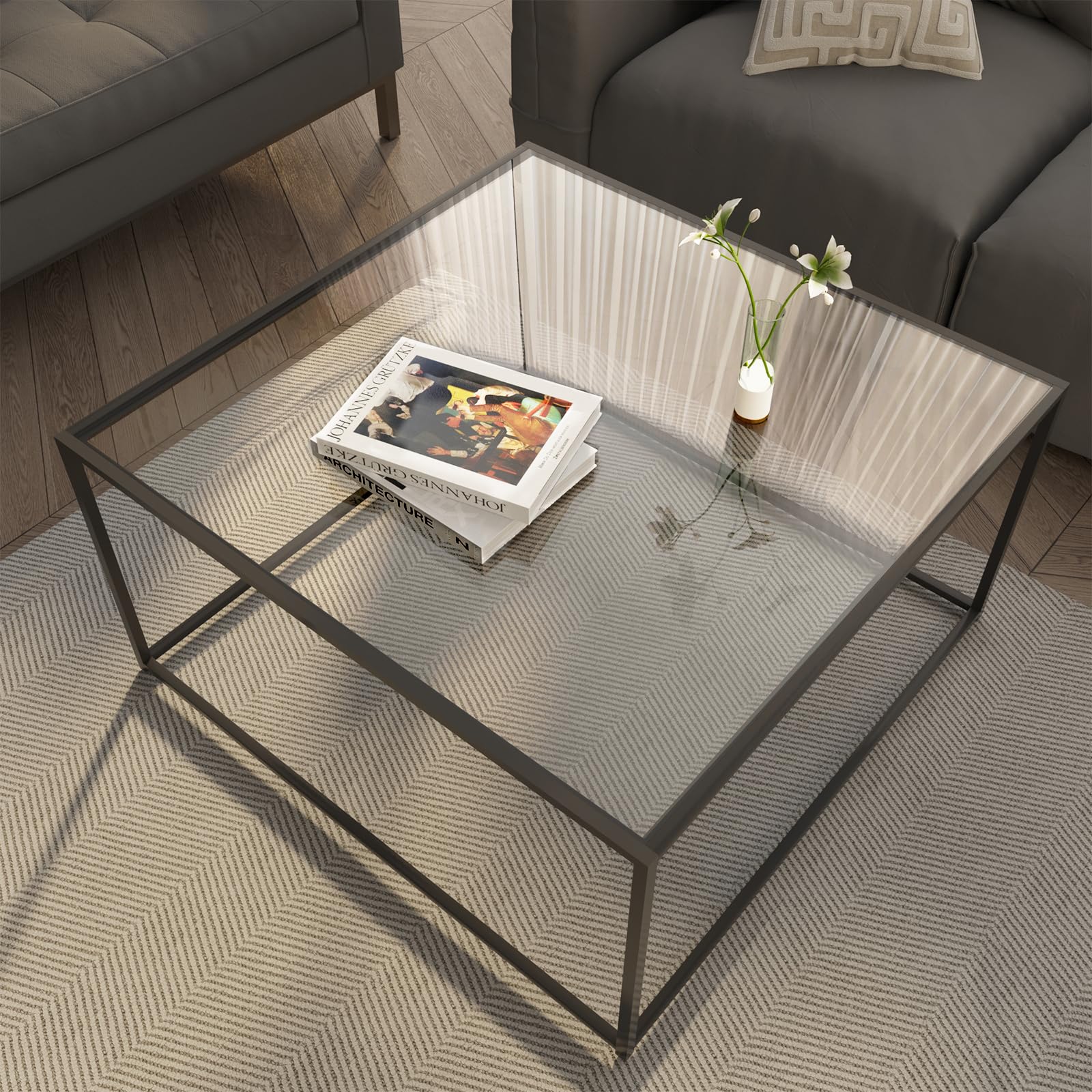Easy Paws glass coffee table with tempered glass top enhances modern living rooms