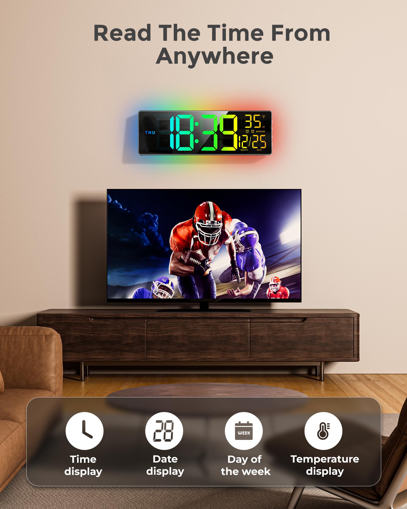 EASYERA RGB lighting with 11 modes enhances room ambience.
