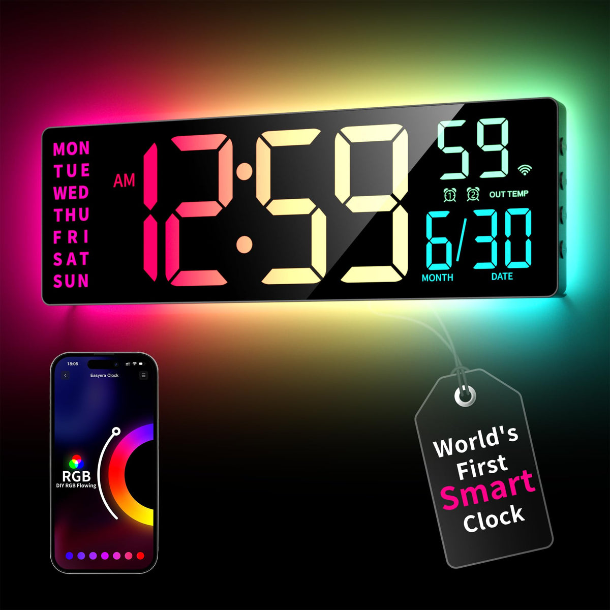 EASYERA smart wall clock with app control for seamless time and lighting management.