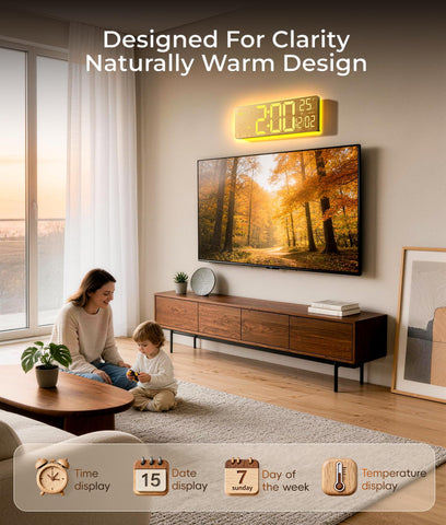 EASYERA wood-grain finish clock adds warm, natural style to any room.