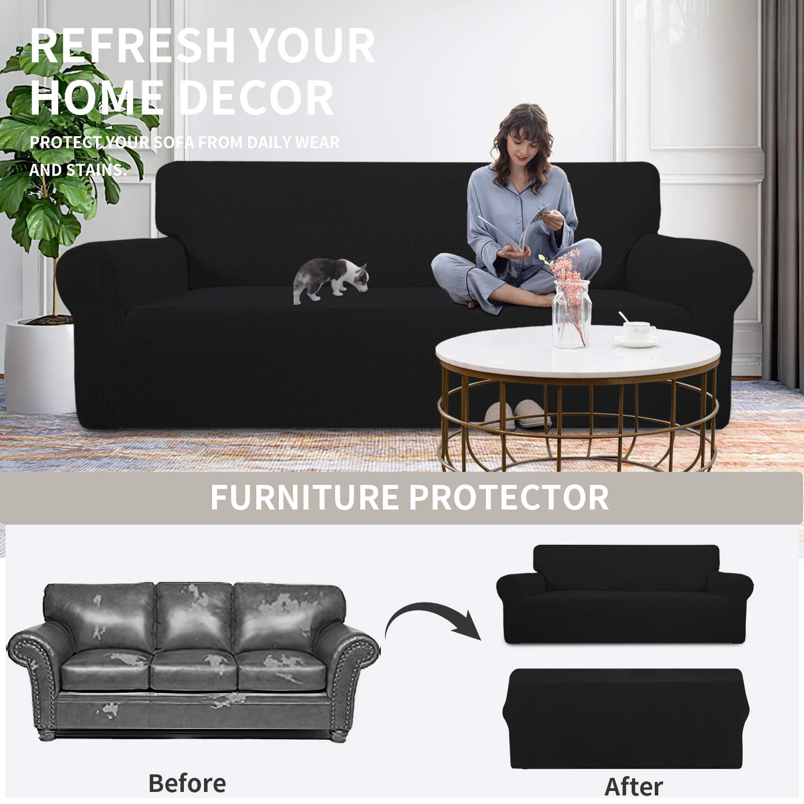 Easy-Going slipcover installation steps show quick fit by one person.