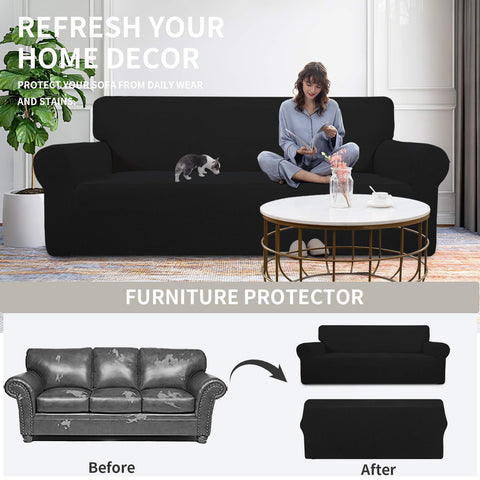 Easy-Going slipcover installation steps show quick fit by one person.