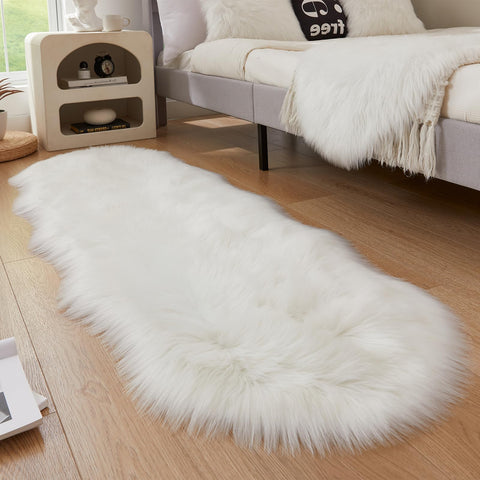 EasyJoy fluffy faux fur rug bedside closeup shows luxurious pile and warmth.