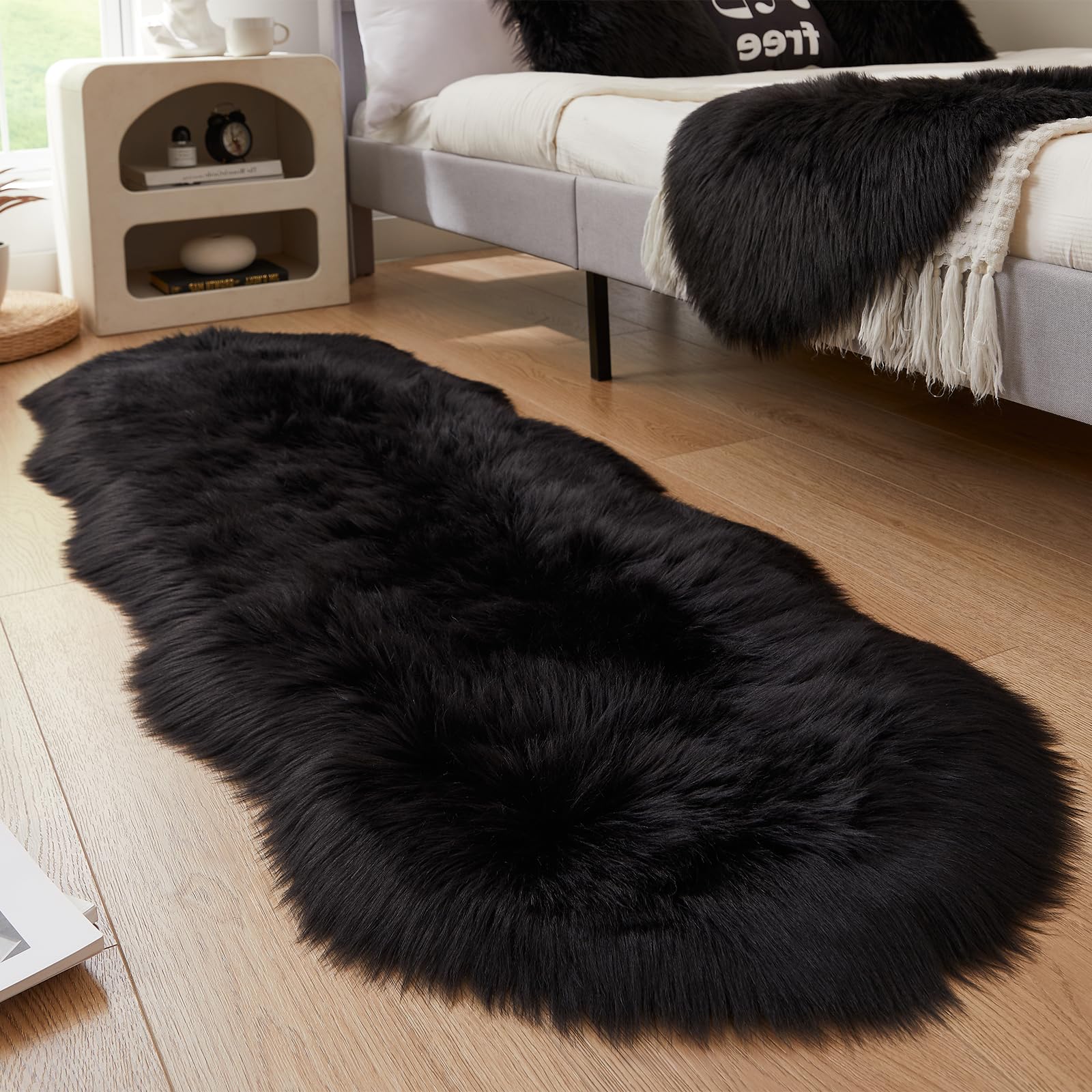 EasyJoy faux fur rug texture adds cozy seating in a bedroom setting.
