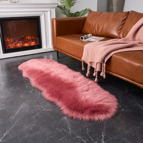 EasyJoy Ultra Soft Fluffy Sheepskin Rug living room setup with cozy seating.