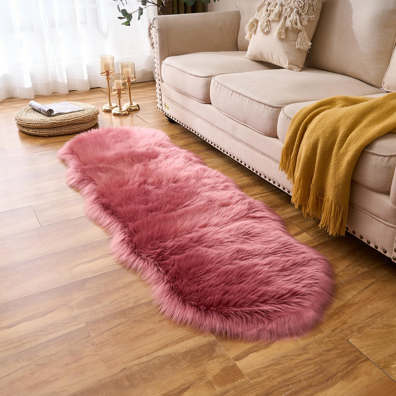 EasyJoy Ultra Soft Fluffy Sheepskin Rug on wood floor adds soft, modern style.