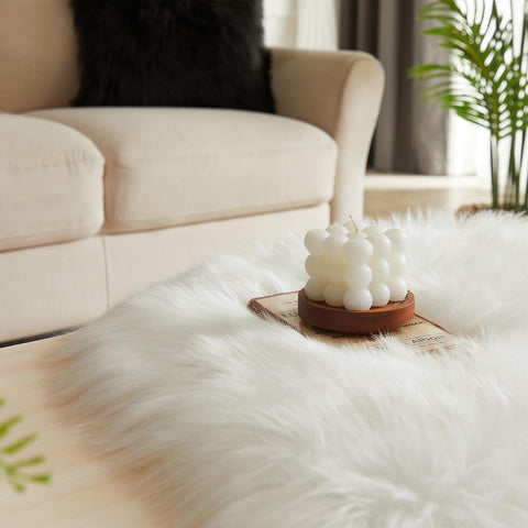 EasyJoy white sheepskin rug soft pile closeup emphasizes creamy color and texture.