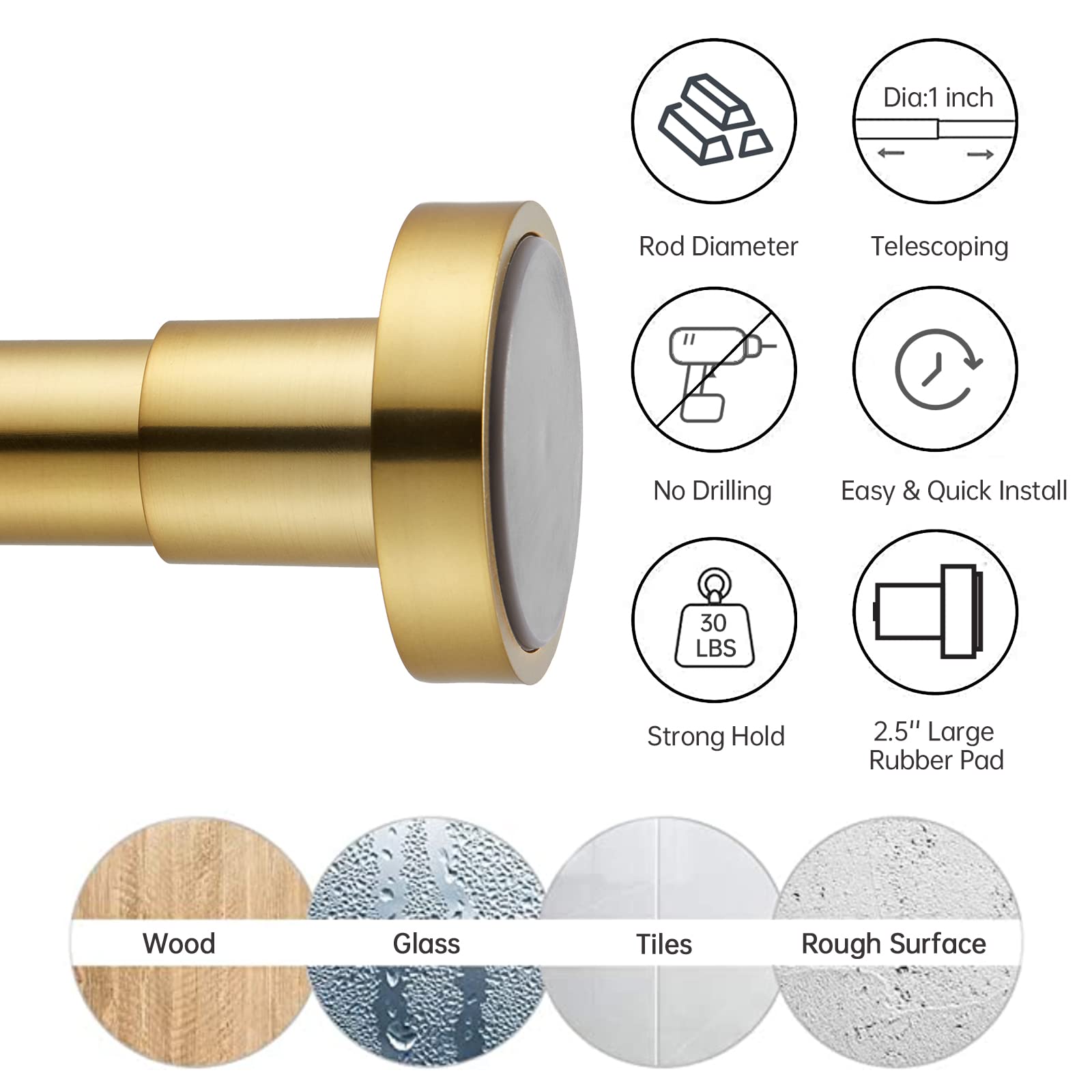EBOATOP gold finish shower rod shows anti-rust coating for indoor-outdoor use