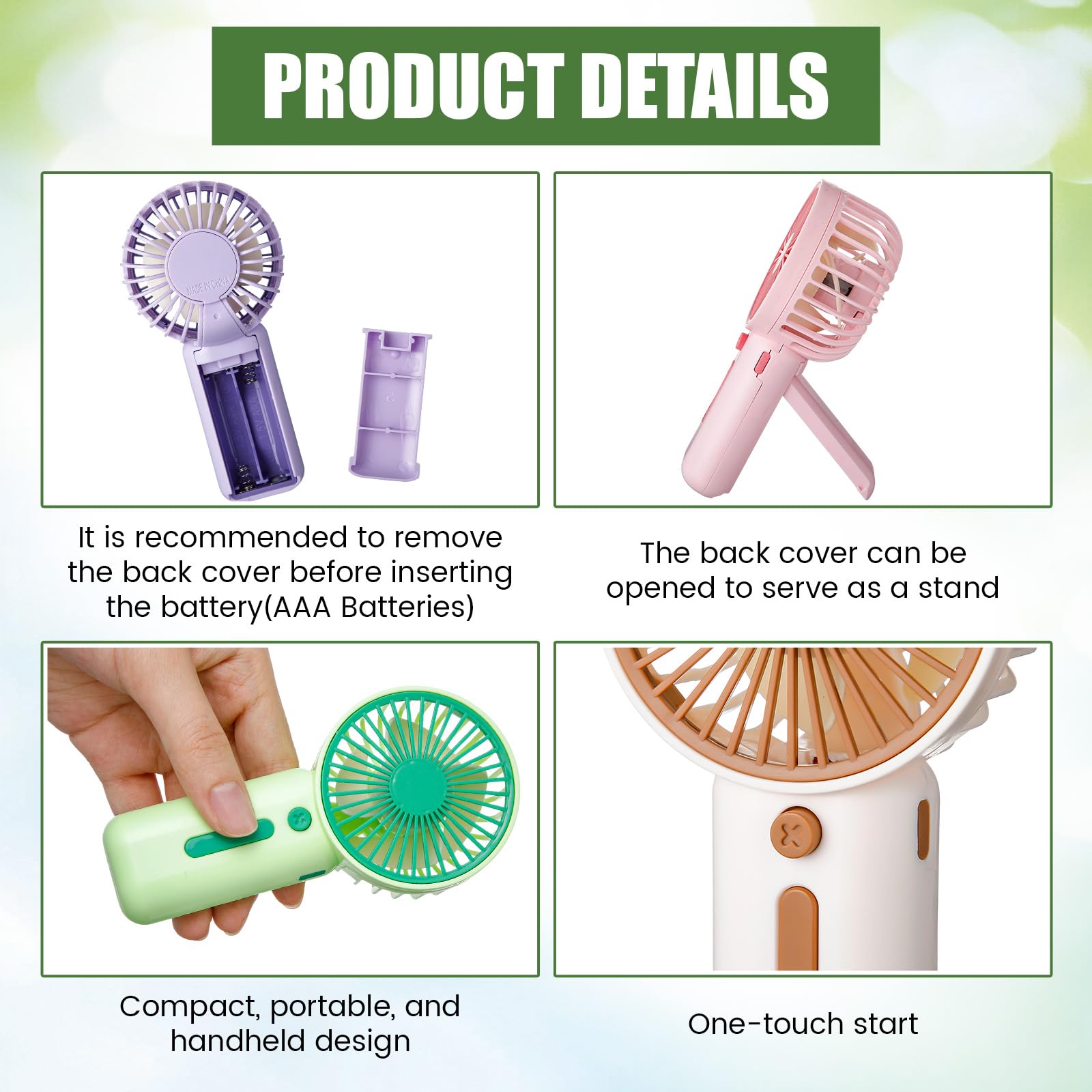 EBOOT mini portable fan handheld with foldable stand in purple in use at gym