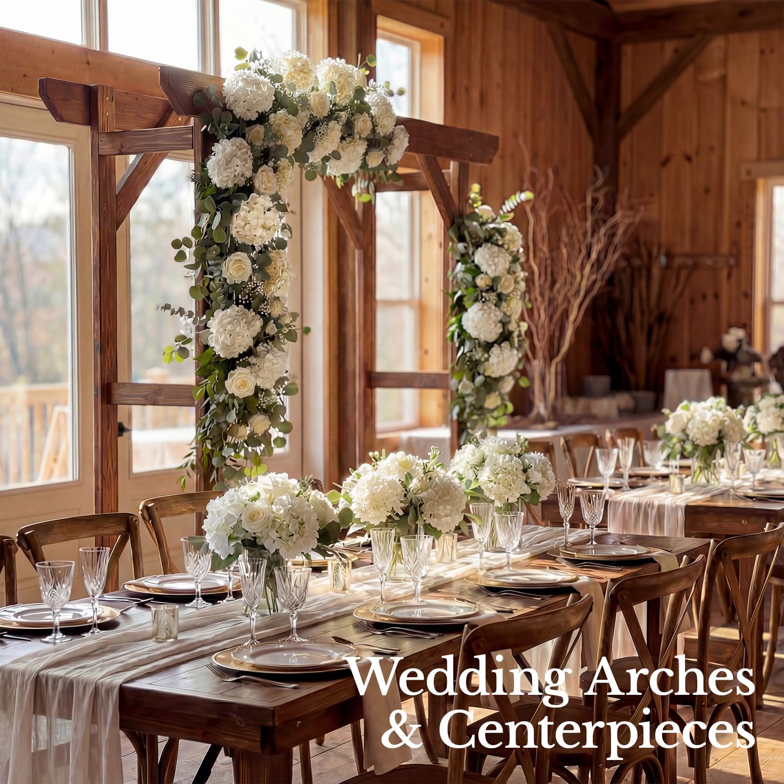 Eccelso Hydrangea ivory blooms are arch-ready for elegant ceremony decor.