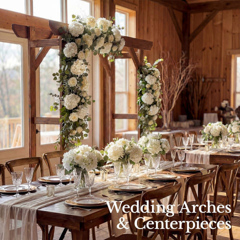 Eccelso Hydrangea ivory blooms are arch-ready for elegant ceremony decor.