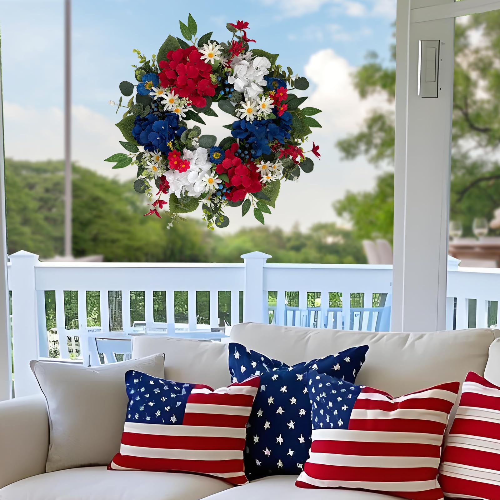 Ecerangus independence day wreath ready to hang indoors or outdoors.