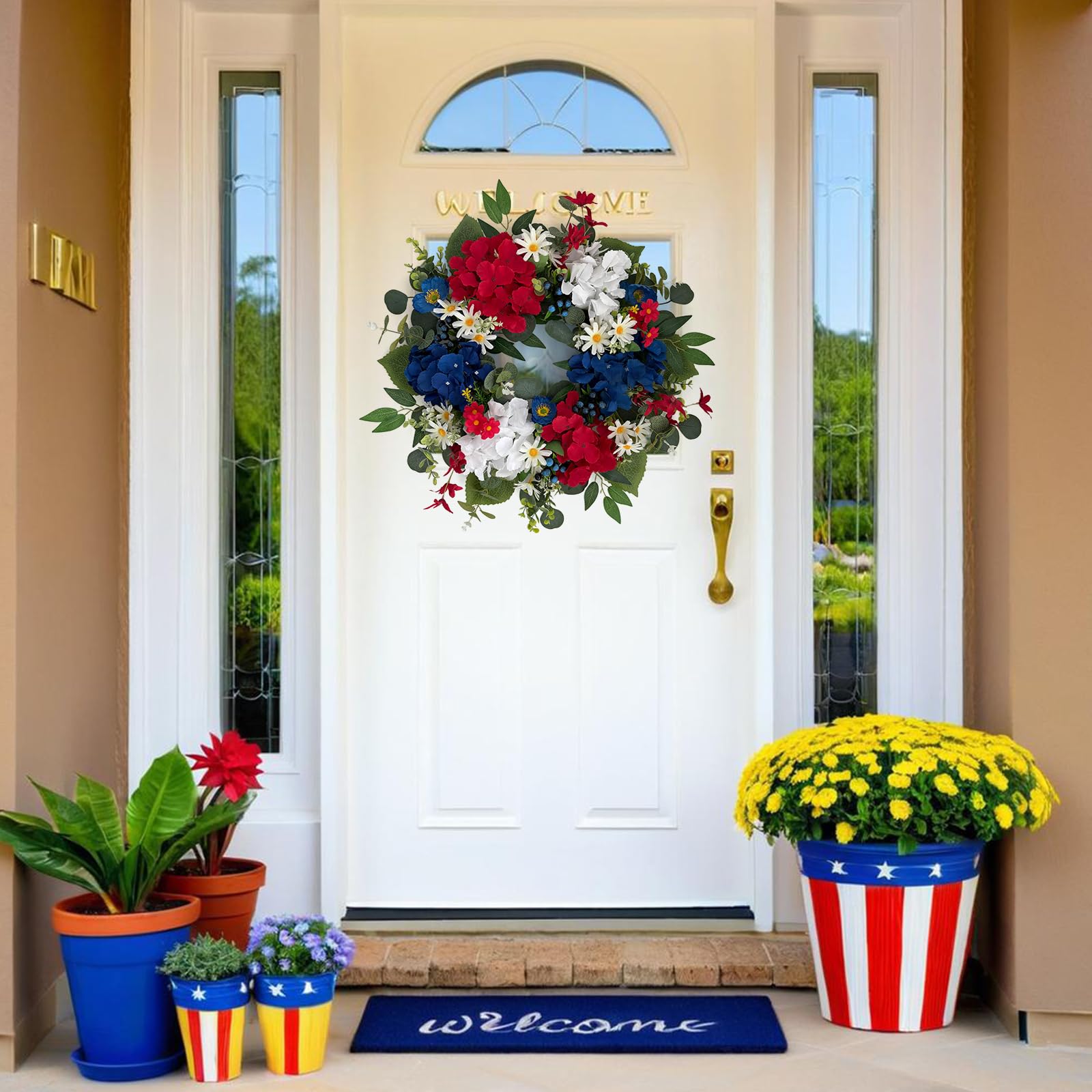 Ecerangus red white blue hydrangea wreath adds festive charm.
