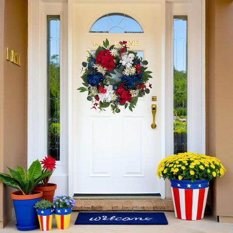 Ecerangus red white blue hydrangea wreath adds festive charm.