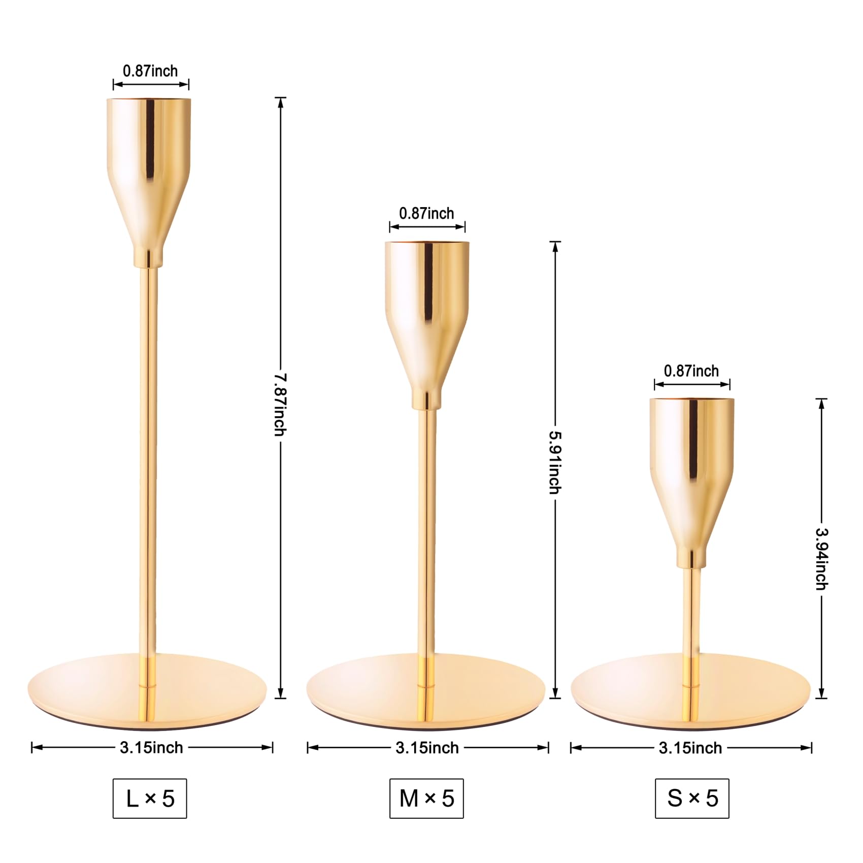 ECHFSM French Gold Taper Candle Holder, 5-mid height creates layered candlelight effect.