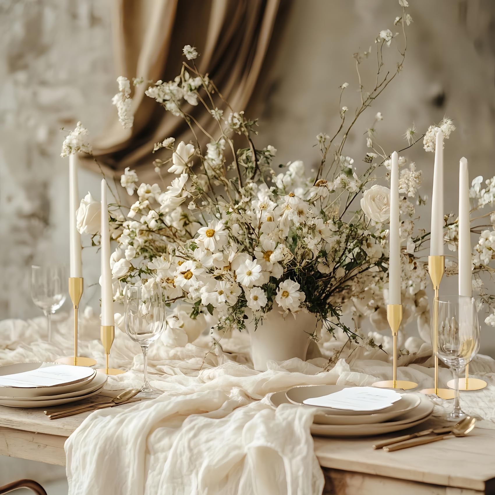 ECHFSM French Gold Taper Candle Holder display on table for wedding reception.