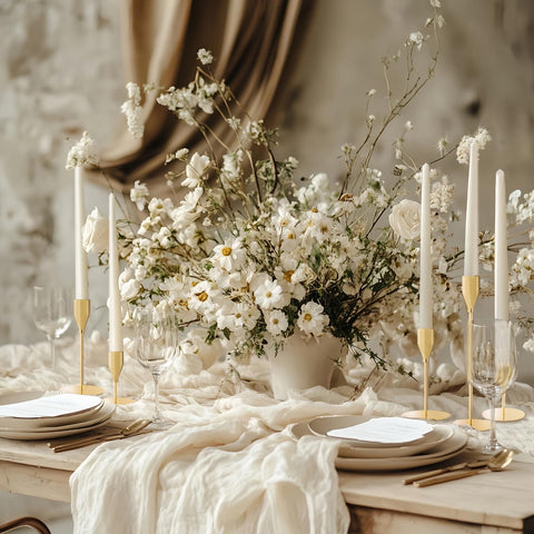 ECHFSM French Gold Taper Candle Holder display on table for wedding reception.