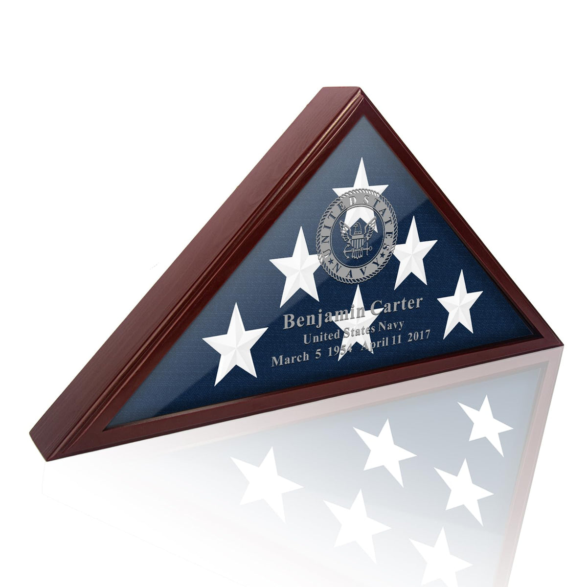 Eclare flag display case front glass showcases burial flag with clear protection.