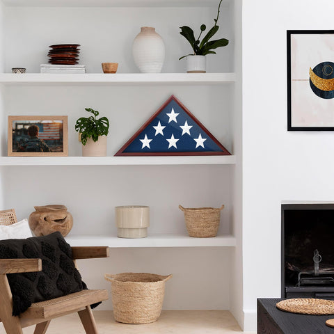Eclare flag display case red brown finish complements home or office decor.