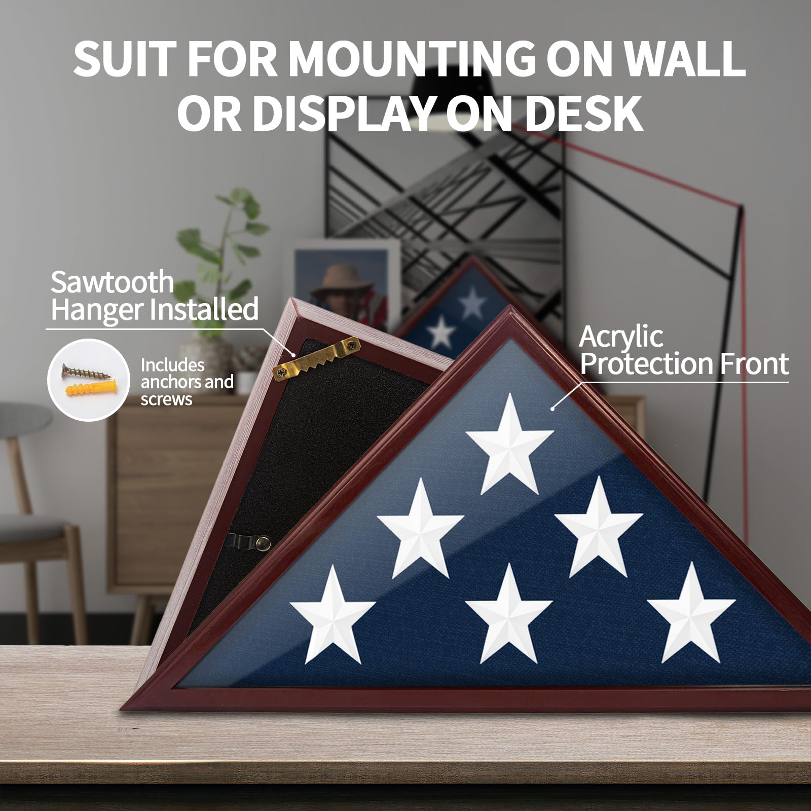 Eclare flag display case tabletop display provides versatile placement on desks or shelves.