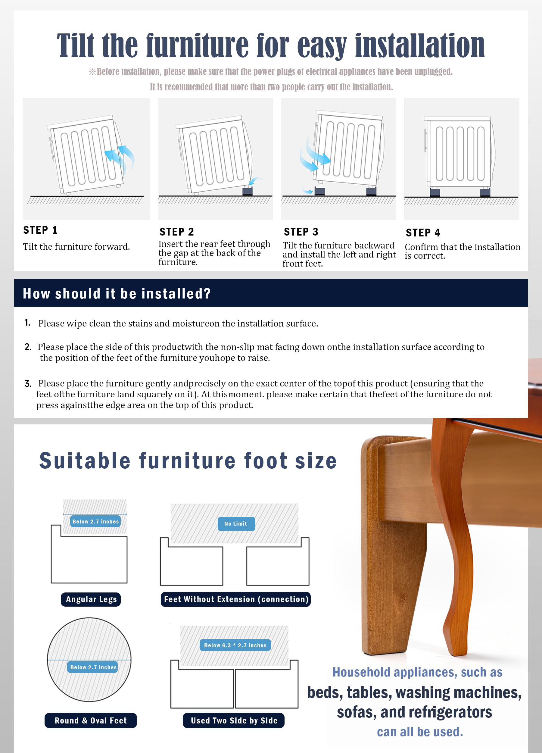 EclatBain bed risers enable safe height adjustments for heavy furniture.