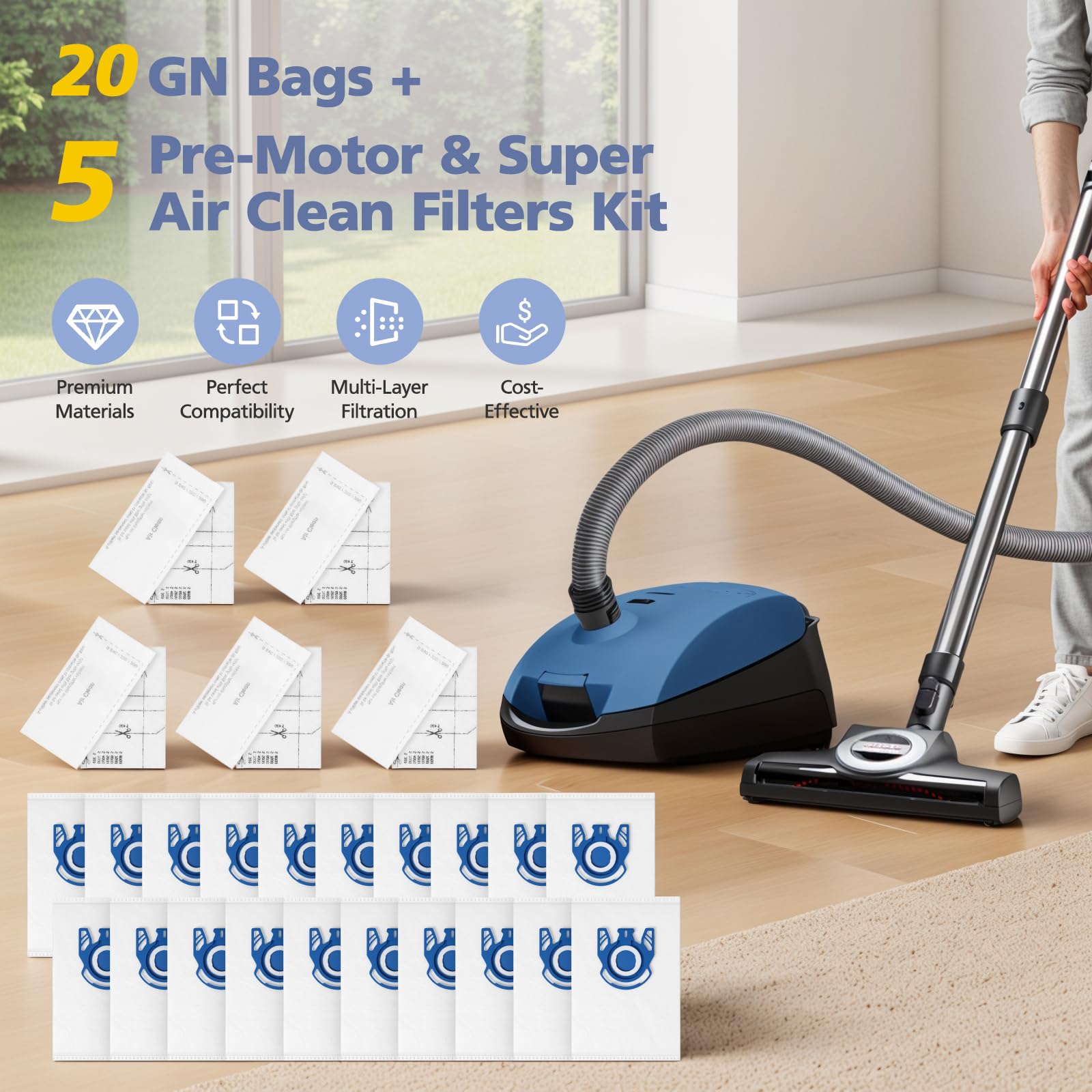 Ecleanfy packaging includes 20 bags and 5 filters for full replacement.