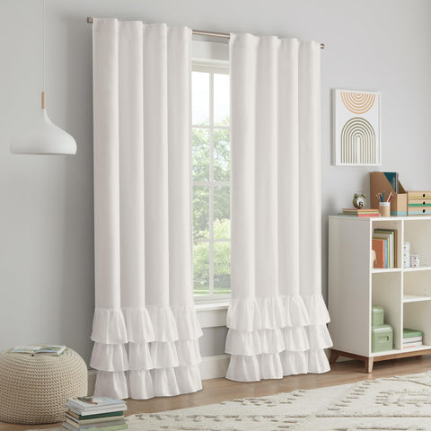 Eclipse Kids playroom curtain white tiered-ruffle detail, blends soft decor with practical light control.