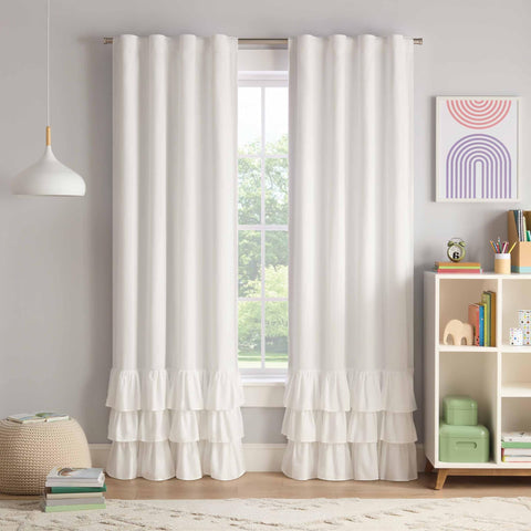 Eclipse Kids tiered ruffle Thermaback blackout curtain 84x40 in white, blocking light for restful naps.