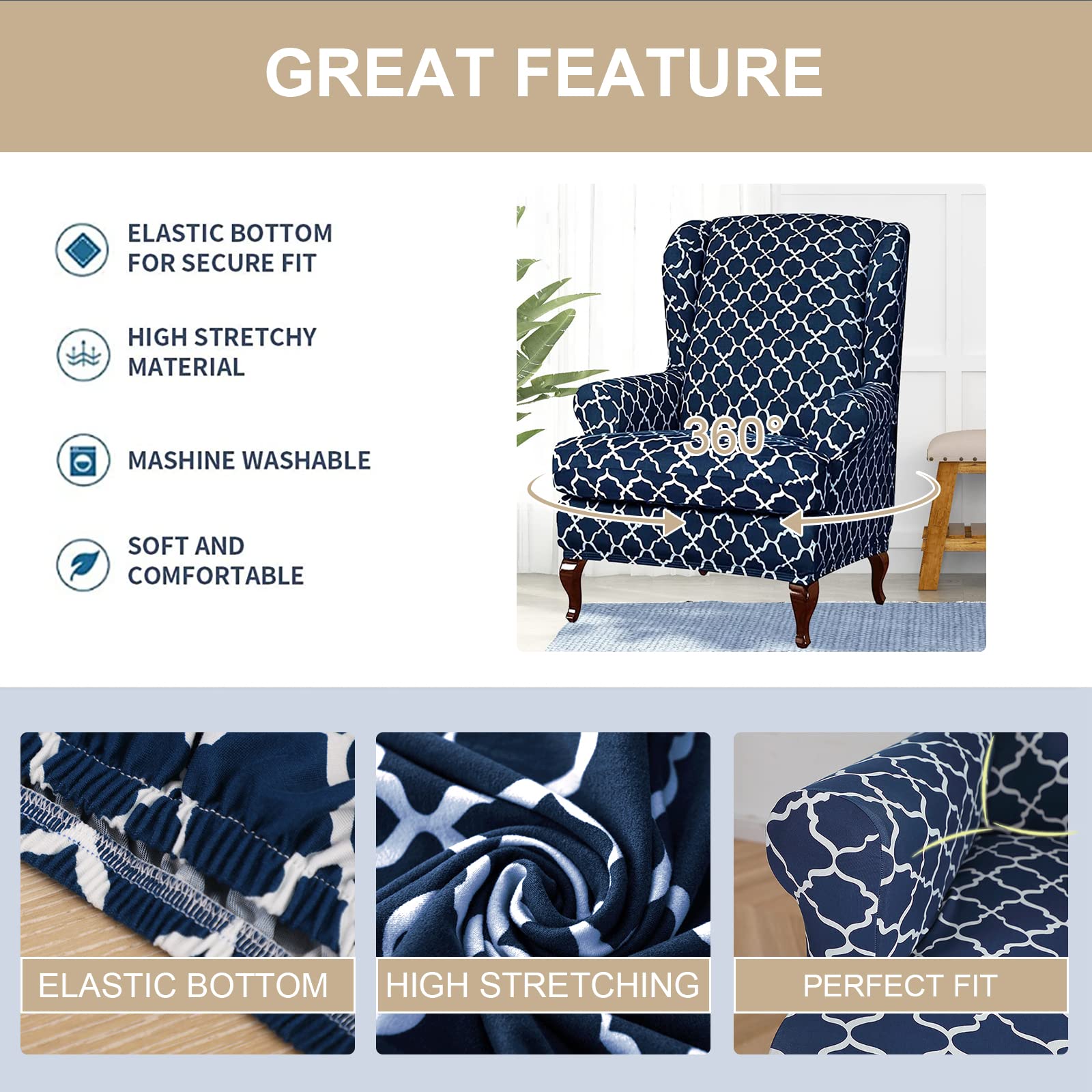 Eco-Ancheng wingback slipcover with elastic bottom stays put during use.