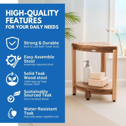 EcoDecors DecoTeak corner-stool demonstrates 250 lb weight capacity for reliable use