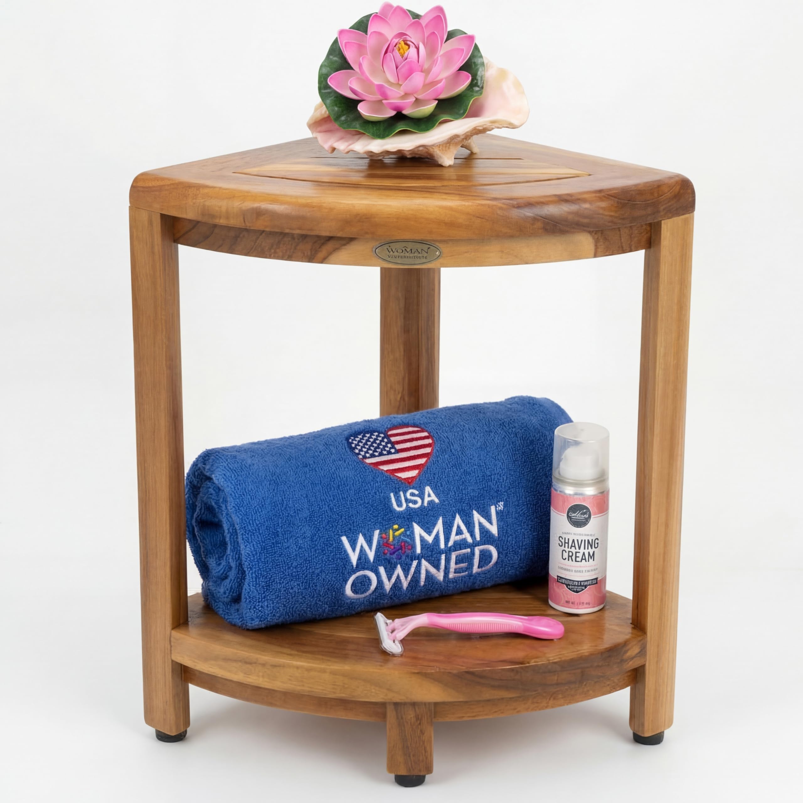 EcoDecors DecoTeak corner-stool in a bathroom setup with easy assembly
