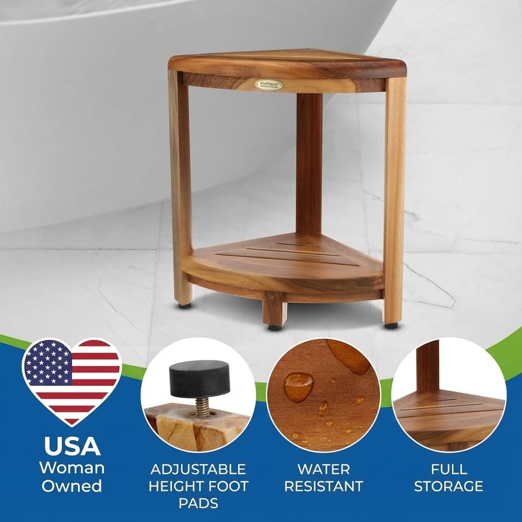EcoDecors DecoTeak corner-stool with adjustable feet showing stability on wet tiles