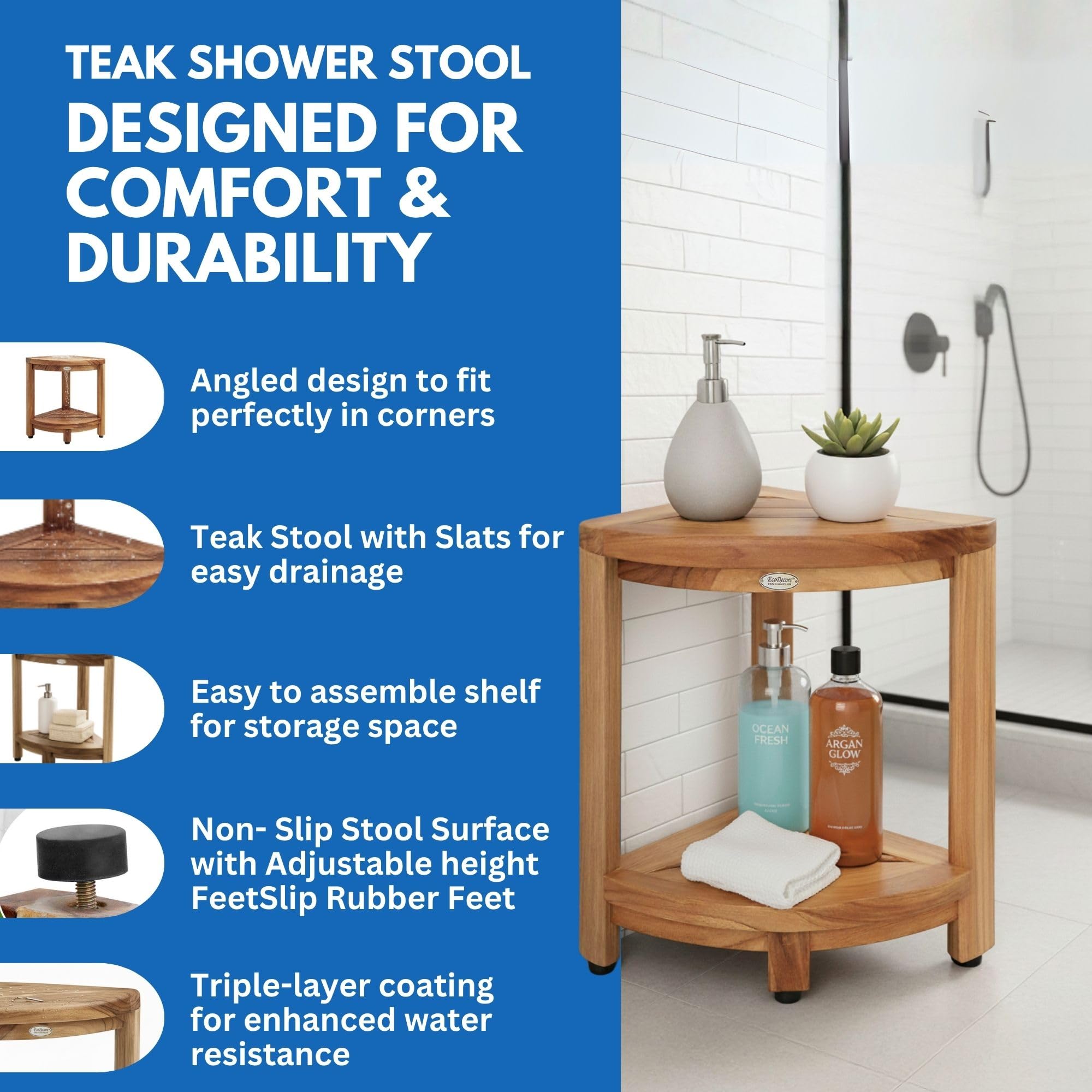 EcoDecors DecoTeak corner-stool with built-in shelf for extra storage in shower