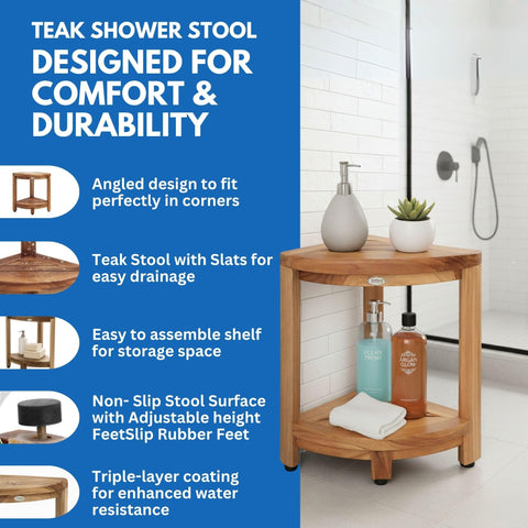 EcoDecors DecoTeak corner-stool with built-in shelf for extra storage in shower