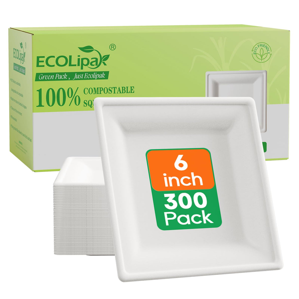 ECOLipak 6-inch square plates for appetizers and desserts, compostable and convenient.