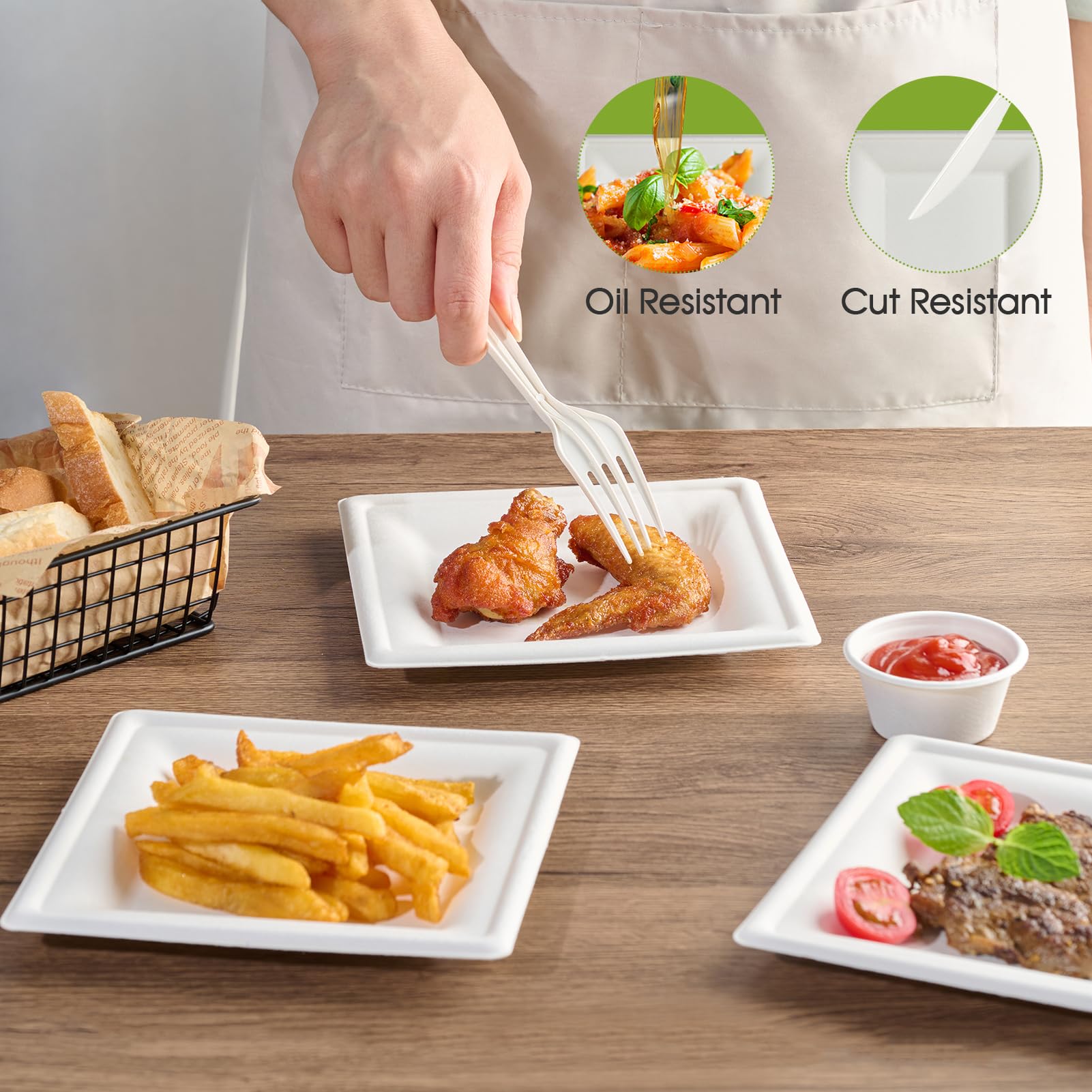 Heavy-duty ECOLipak plates, oil- and heat-resistant for busy meals.