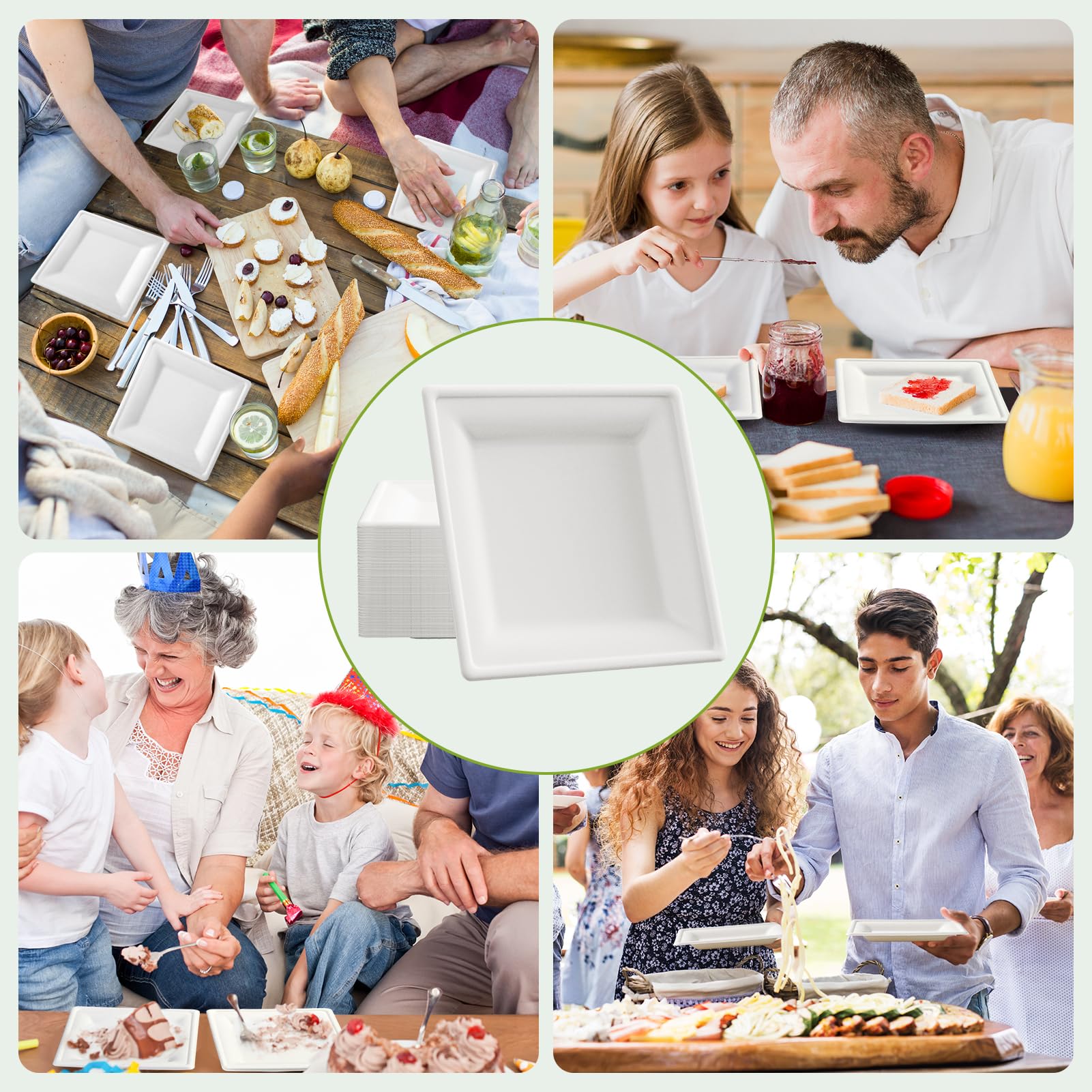 White ECOLipak square plates for desserts and snacks, eco-friendly and convenient.