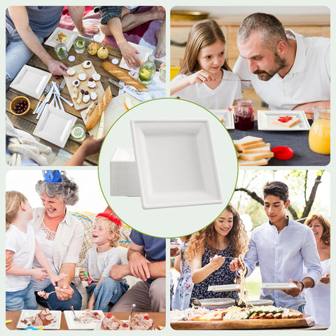 White ECOLipak square plates for desserts and snacks, eco-friendly and convenient.