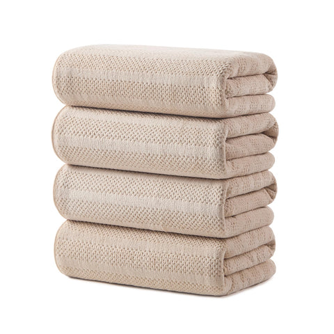 ecolook four-pack camel bath towels offer full-body coverage.