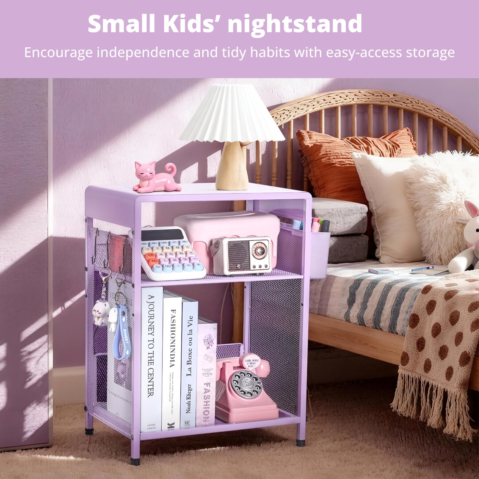 ECOLOVI nightstand basket and S-hooks in purple for quick organization